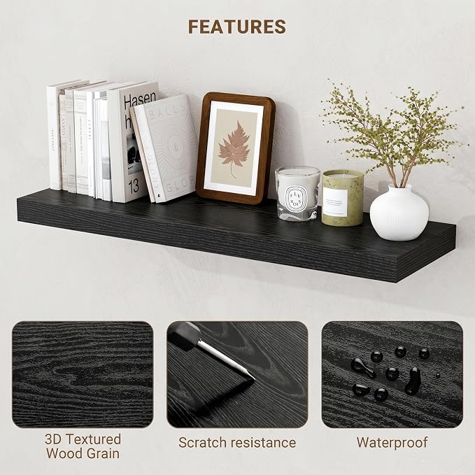 Acovy 24 Inch Floating Shelves, 24"x9.25"x1.5" Inch Deep Floating Shelves for Wall, Wooden Shelves for Bathroom, Bedroom, Living Room, Black, 2 Pieces