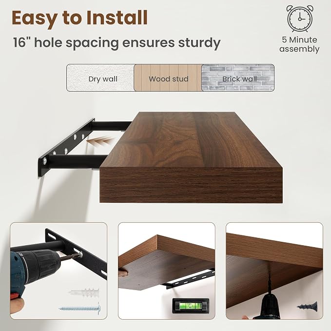 Fun Memories 48inch Floating Shelves, 12" Deep Wall Shelves for Storage and Home Decor, White Wall Shelves for Living Room Bedroom Bathroom Kitchen Laundry Room, Set of 2
