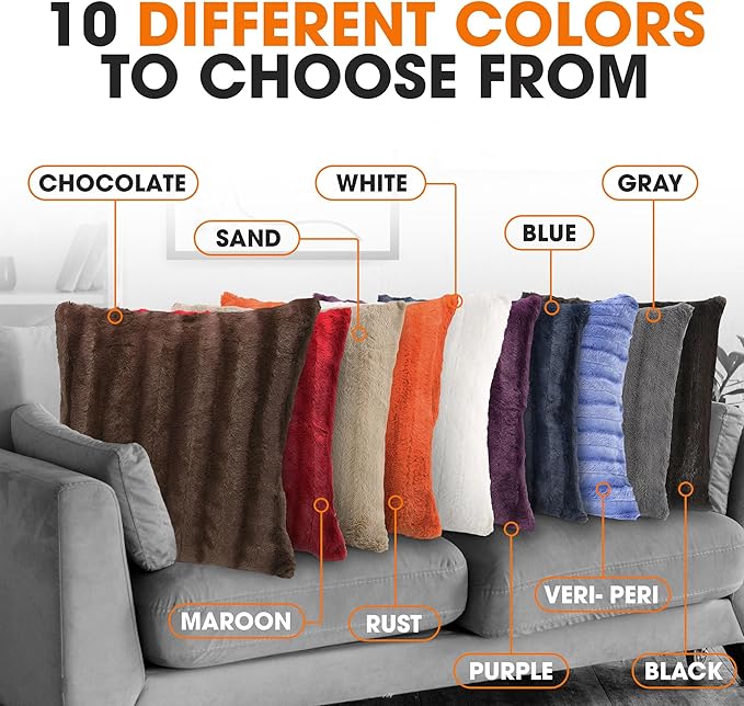 Cheer Collection Faux Fur Throw Pillows - Decorative Pillows for Couch, Bed Throw Pillows, Chocolate Accent Pillows for Bedroom or Living Room Aesthetic, Set of 2 Furry Throw Pillows, 24" x 24"