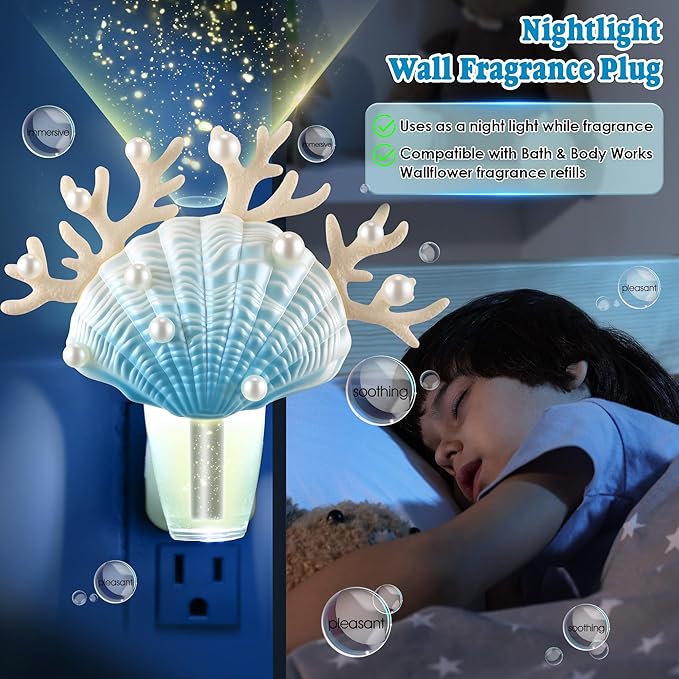 Hohean Wall Fragrance Plug in with Night Light Compatible with Bath & Body Works WallFlower Fragrance, Marine Style Essential Oil Diffuser Plug with Rotary Design(Shell Coral Pearl)