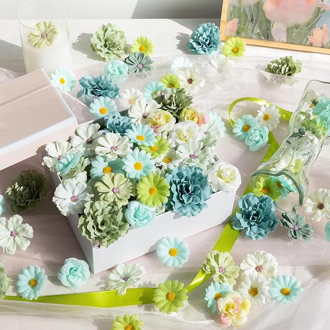 ATTGREAT 310 Pcs Fake Flower Heads Mini Artificial Flower Bulk Silk Flowers for Decoration Small Faux Flower Heads Fabric Daisy Buds Floral for Crafts DIY Wedding Party Baby Shower Home Decor, Green