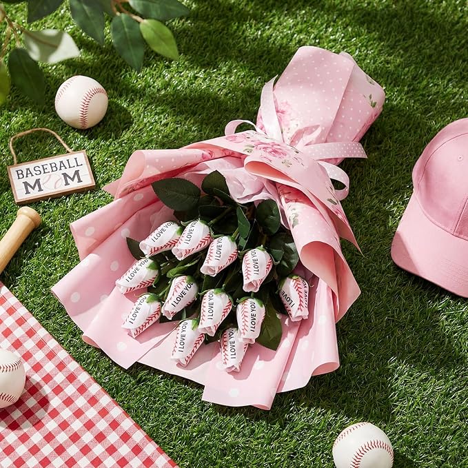 Suhine 12 Pcs Artificial Baseball Rose Flower Gifts for Mom Coach Boyfriend Girlfriend Sports Party Favors Bulk for Birthday Graduation Wedding Party Decorations Table Centerpieces(Love Color, Normal)