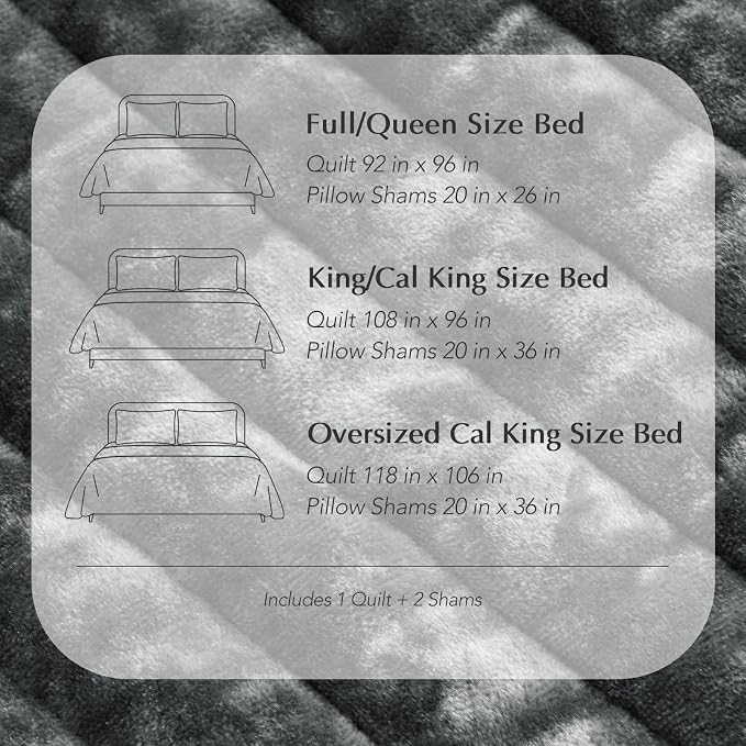 EverGrace Velvet Quilt Set Queen Size, Luxurious Soft Striped Channel Bedding Set, Lightweight Velvet Comforter for All Season, Oversized Bedspread Coverlet with 2 Matching Shams, Charcoal Gray