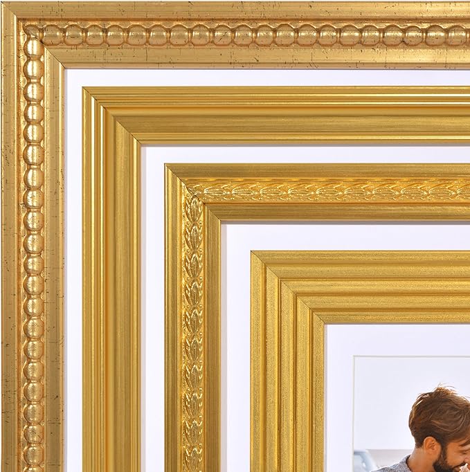 Americanflat Set of 7 Vintage Gold Frames with Polished Clear Glass - Gallery Wall Frame Set with One 11x14 Frame, Two 8x10 Frames, and Four 5x7 Frames - Antique Frames for Tabletop or Wall Display