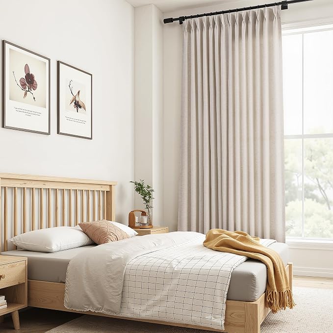 Guken Birch Beige Pinch Pleated Linen Curtains 108 Inches Long for Living Room Bedroom Boho Farmhouse Country Semi Sheer Textured Linen Blended Light Filtering Pleated Drapes with Hooks Rings 40x108