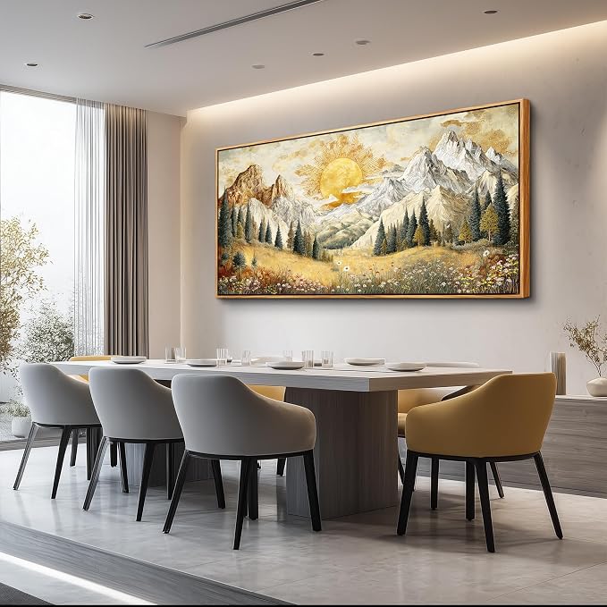 XIGUANGART Framed Canvas Wall Art Vintage Decor, Mountain Wall Art, Meadow with Flowers Forest Art, Modern Farmhouse Decor, Living Room Pictures paintings,Landscape Bedroom Office Decorations, 20"x40"