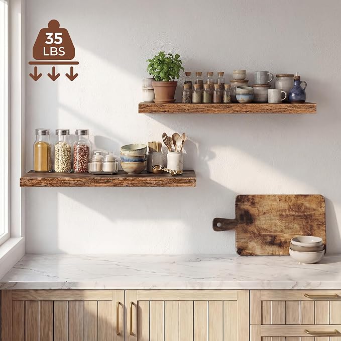 Dreamland 32 Inches Floating Shelves for Wall, 9.3" Deep Long Floating Shelves Set of 2, Large Display & Storage Shelf, Wall Shelf for Bathroom Bedroom Living Room Kitchen Office, Rustic Brown