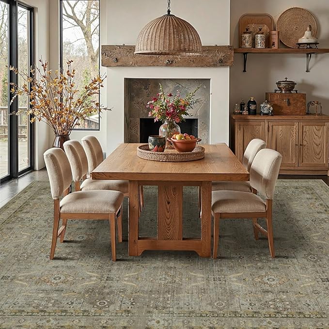 Rugxara 8x10 Area Rugs for Living Room Bedroom, Large Washable Rug, Vintage Floral Boho Rug, Non Slip & Low Pile Faux Wool Thin Carpet for Indoor Dining Room and Kids Room(Olive Brown 8x10ft)
