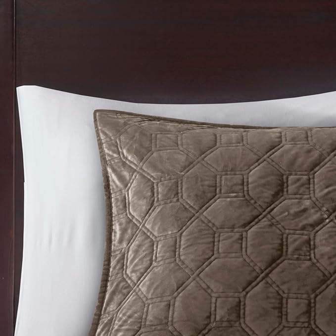 Madison Park Harper Quilt Set Velvet Casual Geometric Stitching Design All Season, Lightweight Coverlet, Cozy Bedding, Matching Shams, Full/Queen(90"x90"), Taupe 3 Piece