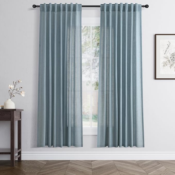 Jowels Blue Linen Curtains 72 Inch Long 2 Panels for Living Room | Light Filtering Semi Sheer Curtain, Back Tab Pocket Pleated Look, Boho Farmhouse Textured Privacy Drapes for Bedroom Window