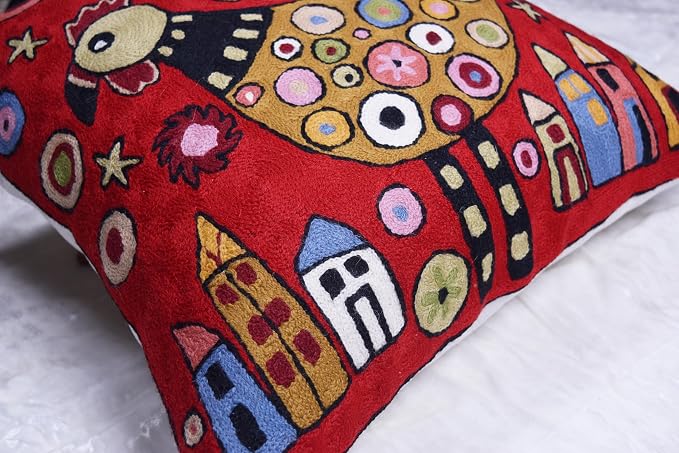 Red Rooster Throw Pillow Cover Karla Gerard Floral Pillowcase Floral Chair Cushion Flower Couch Pillowsham Red Farmhouse Pillow Hand Embroidered Cushions Wool Size 18x18