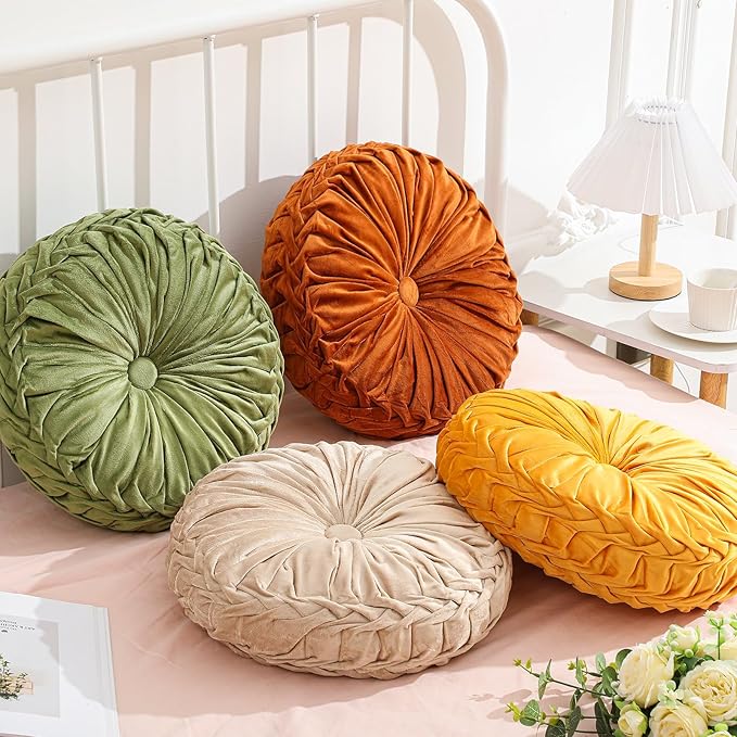 Drydiet 4 Pcs Round Throw Velvet Pillows Decorative Pleated Throw Pillows Diameter Accent Pumpkin Boho Chair Cushion for Couch Sofa Home Decoration (Fall Color,15'')