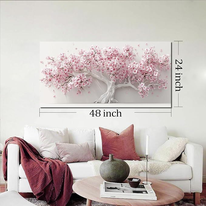AOZEMI Pink Wall Art for Living Room Bedroom Home Office Large Tree Wall Decor Flower Pictures Art White Artwork Modern Floral Canvas 24"x 48"