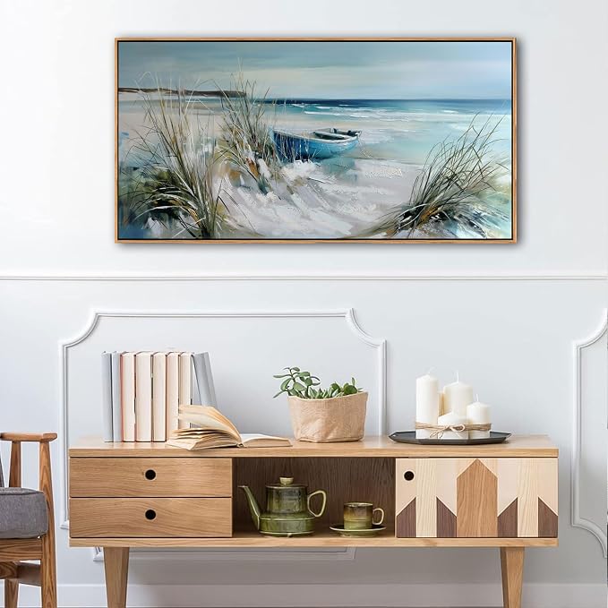 YDYSUNE Blue and White Coastal Wall Art Framed Canvas picture - Beach Ocean Seascape Scenery Painting Artwork for Living Room,Bedroom Decoration Ready to Hang 20x40 Inches