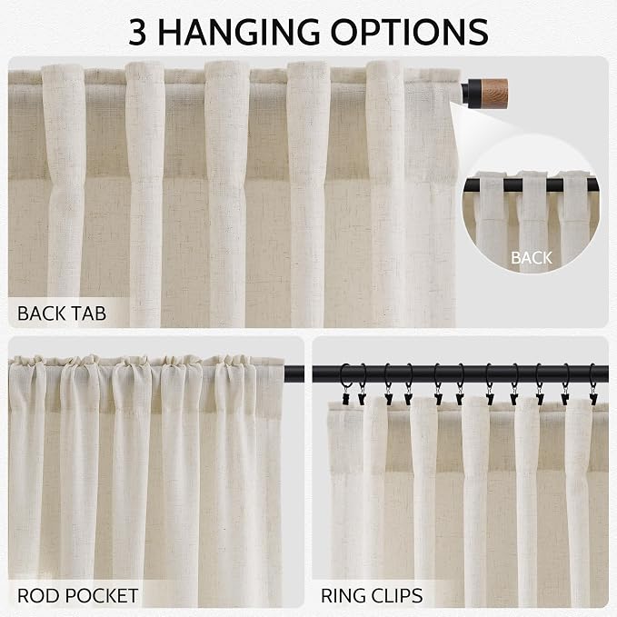 Nanspring Warm Beige Linen Curtains 108 Inches Long for Living Room Bedroom 2 Panels Set Extra Long Back Tab Curtain Light Filtering Sheer Drapes Floor to Ceiling Curtain for Large Windows 52x108