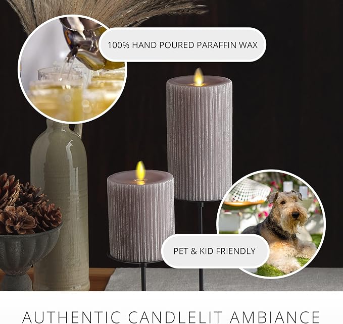 Luminara Metallic Embossed Pillar, Grey Flameless LED Candle 3.25" x 4.5", Battery Operated Real Flame Technology w/Timer Function, Paraffin Wax