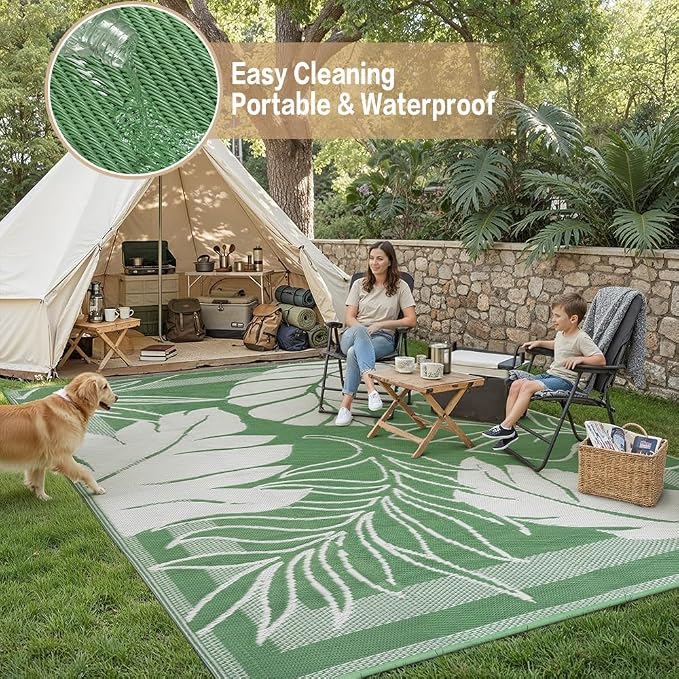 HUGEAR 9'x12' Outdoor Rug Waterproof Plastic Straw Rugs Large Green Reversible Olive Leaf Mat Floor Carpet for Camping RV Deck Entryance Porch Picnic Balcony Beach Backyard