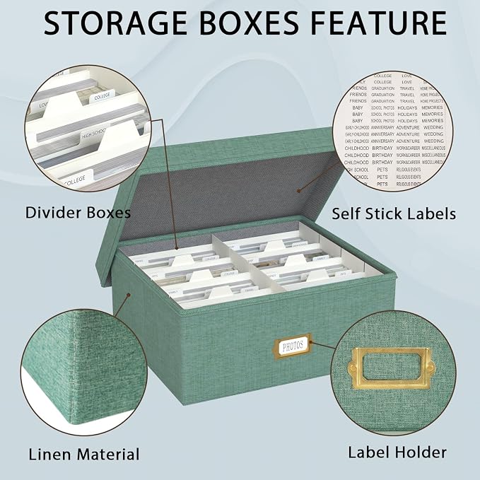 Decorative Photo Storage Box - Linen Photo Box Organizer with Dividers, Fits Holds Up to 1700 Pictures and 4x6 Photos, Memory Keepsake Organizer for Photos, Scrapbook Supplies, Cards, Stamps (Green)