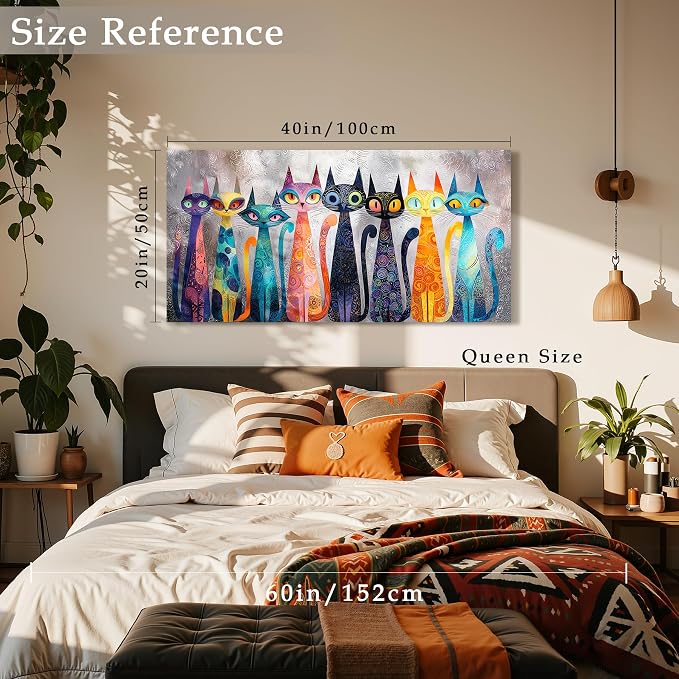 imjiayu Colorful Abstract Cat Wall Art, Boho Whimsical Kitten Canvas Print, Kitty Pictures Decor for Cat Lovers, Cute Modern Cat Wall Decor for Living Room Bedroom Kids Room, 20"x40" Ready to Hang