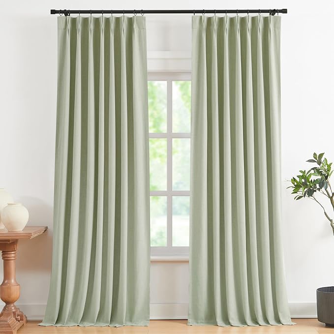 Vision Home Soft Green Pinch Pleated Full Blackout Curtains Linen Blended Room Darkening Curtain Panels 120 inch for Living Room Bedroom Thermal Insulated Pinch Pleat Drapes with Hooks 40" Wx120 Lx2
