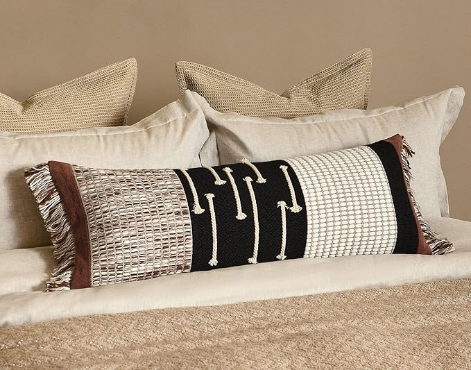Boho Lumbar Pillow Cover 14x36 with Handmade Drawn Work Tassel | Long Lumbar Pillow Decorative Farmhouse Pillows Cushion Case for Bed Couch