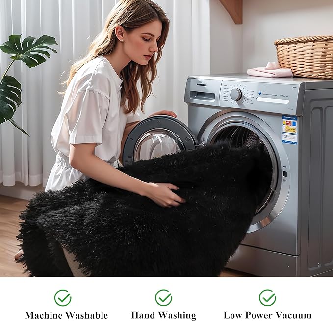 KICHOWUA 3x5 Black Fluffy Shag Rug for Bedroom, Soft Plush Fuzzy Washable Non Slip Floor Cozy Carpet, Modern Comfy Furry Shaggy Small Area Rug for Living Room, Kids Baby Boys Girls Nursery Dorm Room