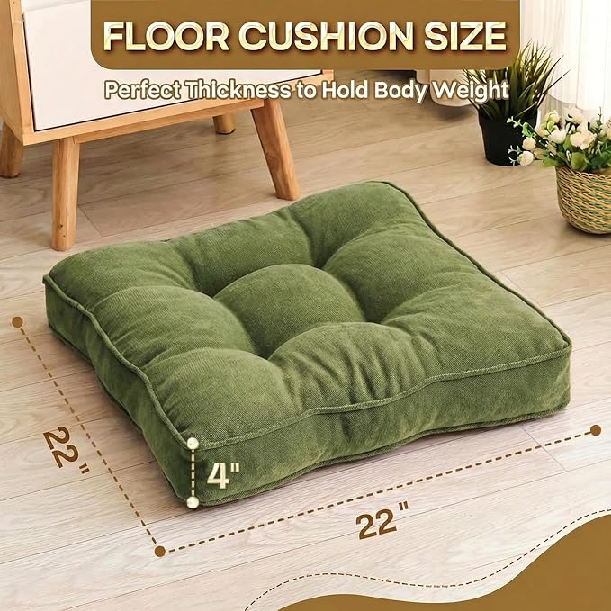 1 MIDDLE ONE Floor Pillow Set of 2, Memory Foam Floor Cushions for Adults, Large Meditation Pillow for Sitting, 22 x 22 Inches (Square | Green)
