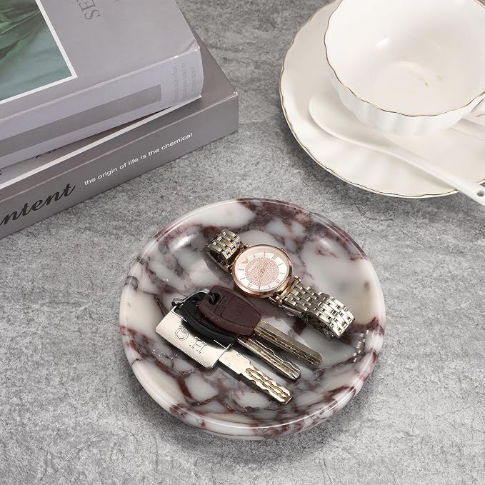 Small Round Key Bowl for Entryway Table - 5.5" Natural Marble Jewelry Dish Tray Decorative Key Plate Holder Catch All Bowl for Earring Necklace Ring Holder for Bathroom