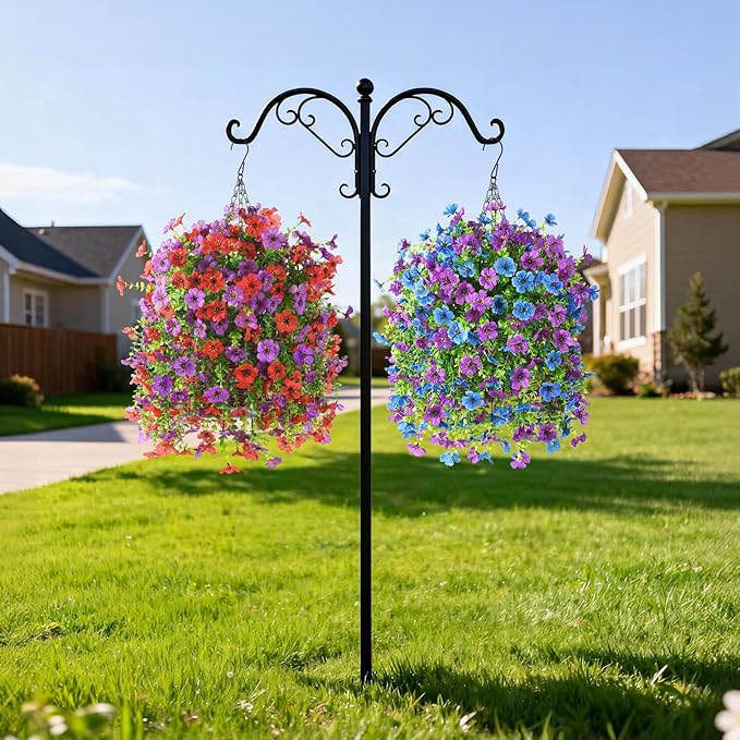 Artificial Flowers Hanging Baskets, 4 Bundles Outdoor Hanging Basket Spring Summer Decoration, No Fade Realistic Fake Flowers Plants for Porch Patio Balcony Home Yard Decor(Red Purple)