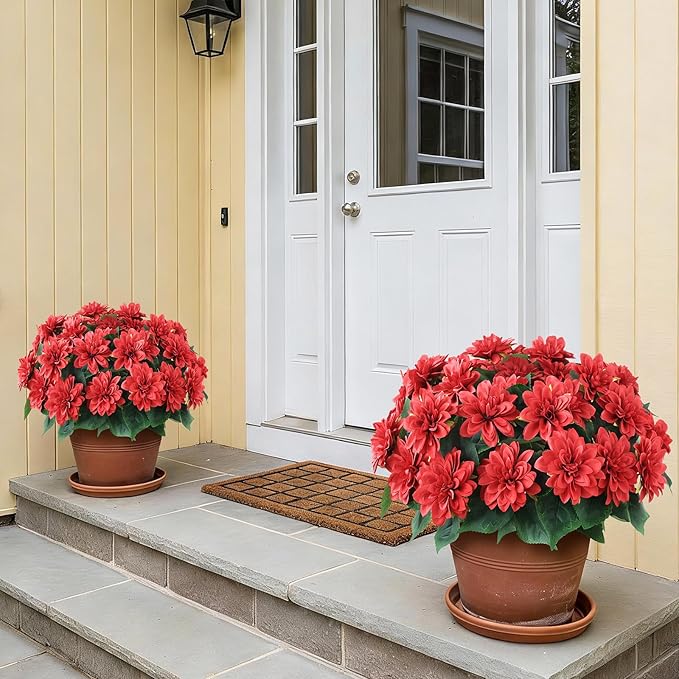 VIERENA 16 Bundles Artificial Dahlia Flowers for Outdoors Spring Summer Decor, No Fade Silk Flower Faux Dahlias Plant Arrangement for Home Garden Balcony Farmhouse（Red）