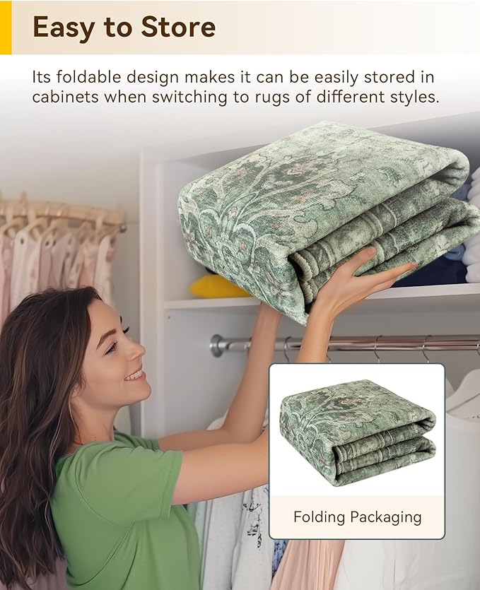 RELEANY Area Rugs Square 10ft Washable Non-Slip, Floral Vintage Distress Print Pattern Medallion Carpet for Living Room Bedroom Dining Room, Dark Green Gray