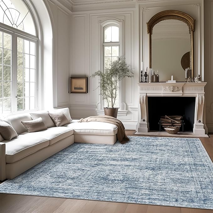 Soalmost Washable Area Rug 8x10, Large Soft Rugs for Living Room Vintage Blue 8x10 Area Rugs for Bedroom Dining Room Non-Slip Stain Resistant Under Table Rug