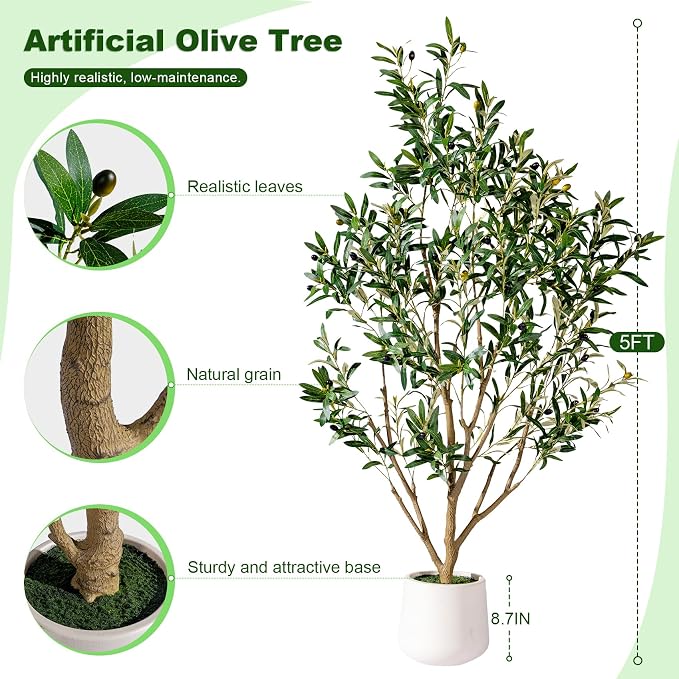 5FT Artificial Olive Tree with Realistic Leaves & Natural Trunk, Faux Silk Olive Plant in White Planter, Tall Fake Tree for Modern Home Office Living Room Entryway Corner Decor, Maintenance Free