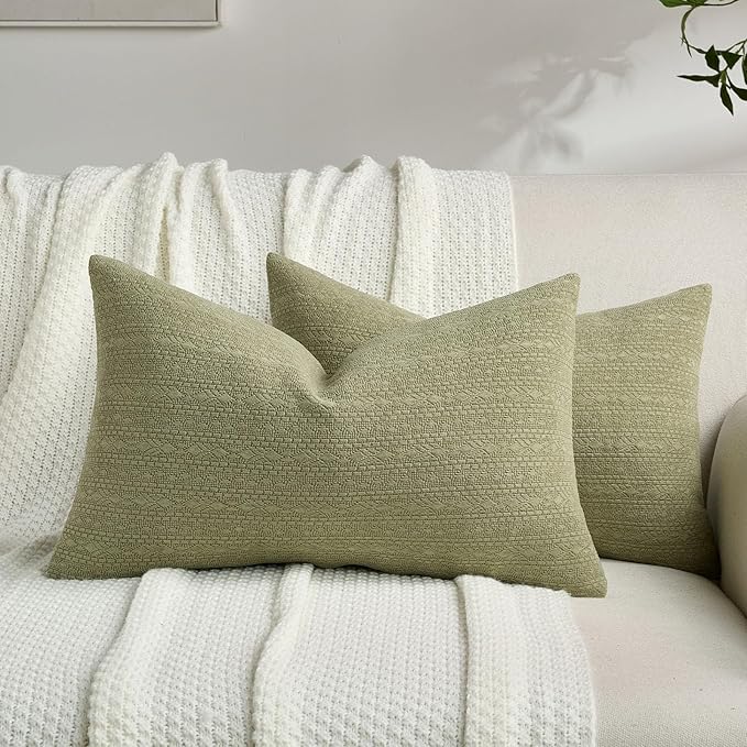 FUTEI Sage Green Chenille Throw Pillow Covers 12x20 Inch Set of 2,Soft Striped & Diamond Textured Lumbar Pillow Cases,Modern Home Decor for Couch Living Room