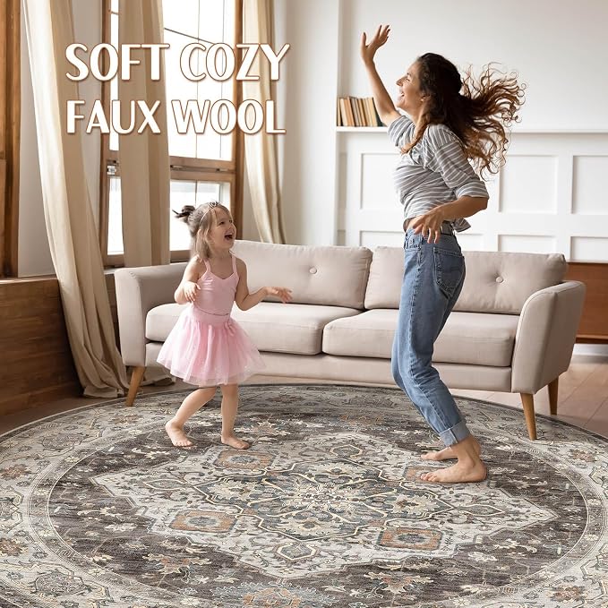 Round Rug Living Room Rugs: 10x10 Washable Boho Neutral Large Circle Soft Indoor Floral Stain Resistant Floor Farmhouse Carpet for Bedroom Nursery Kids Playroom Office Dining Room Dorm- Grey Brown