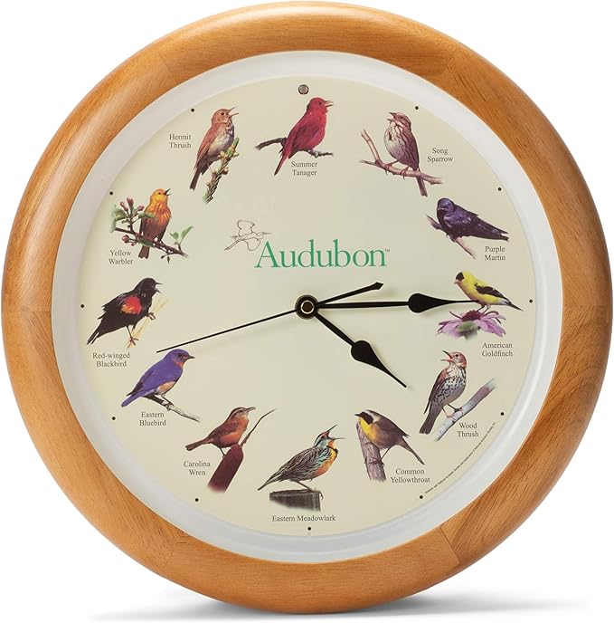 Mark Feldstein, Audubon Singing Bird Wall Clock, 13 Inch, Premium Oak