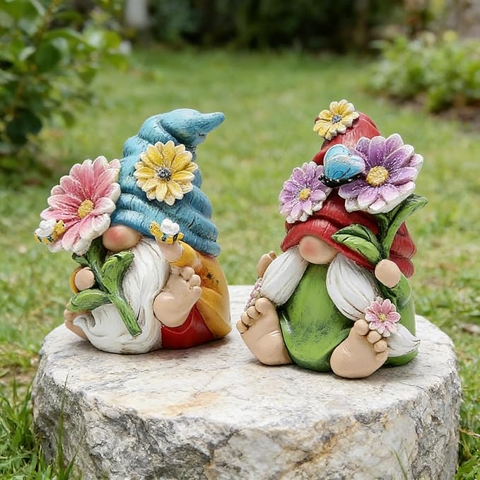 Hodao 2PCS Spring Flower Gnome Figurines Decorations - Resin Summer Gnomes Plush Decor for Indoor Garden Office, Cute Floral Gnome Ornaments Gift for Housewarming, Birthday, Holiday