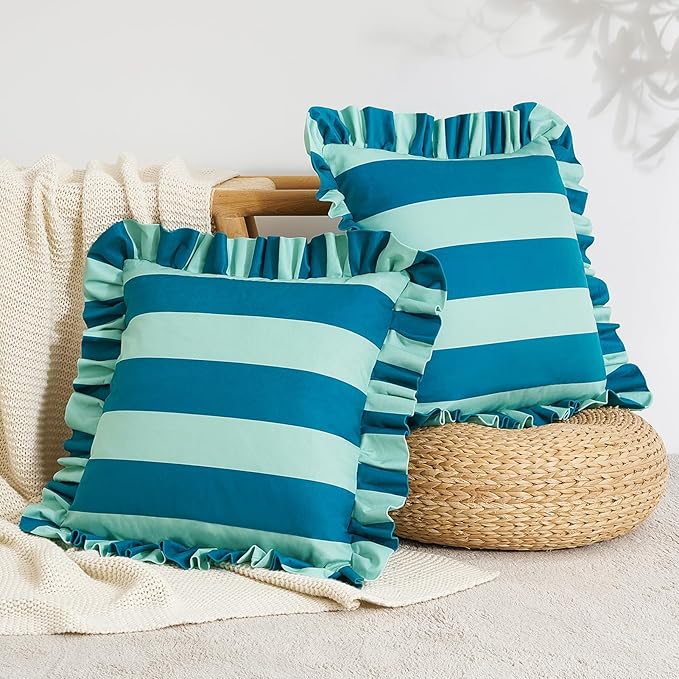 MONDAY MOOSE Decorative Throw Pillow Covers, Set of 2 Water-Resistant Striped Design with Ruffle Edge for Outdoor/Indoor Use, Pillow Inserts Not Included (16x16 inch, Blue/Light Blue)
