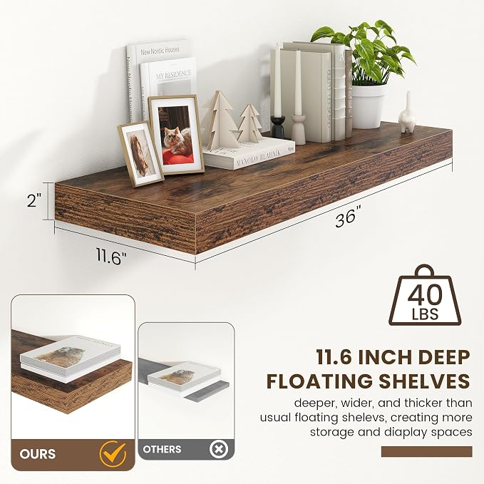 FLYJOE 36'' x 12'' x 2'' Floating Shelves, Rustic Brown Wood Floating Shelves Set of 1 for Living Room, Bathroom, Laundry Room, 12 Inch Deep Heavy-Duty Shelves for Home Decor