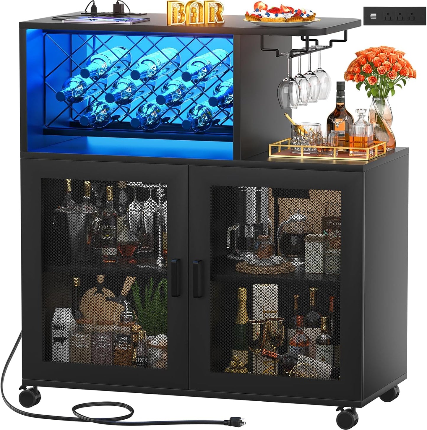 Wine Bar Cabinet with Wheels, Small Liquor Cabinet with LED Light, Home Bar Cart with Power Outlets, Coffee Bar with Wine Rack, Glasses Storage for Kitchen, Dining Room, Living Room, Black
