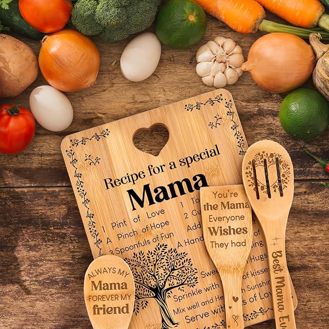 Mama Gifts - "Recipe for a Special Mama" Mama Gifts for Women Cutting Board Set, Bamboo-Made Engraved Utensil Set Gifts for Mama Cutting Board, Mothers Day Gifts for Mama.