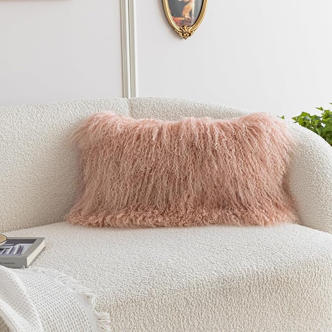 MOOX Mongolian Lamb Fur Pillow Covers Lumbar Throw Sheepskin Pillow Case Genuine Wool Fur Tibetan Accent Living Room Bedroom Decorative Cushion Cover (12 * 20inch Pink)