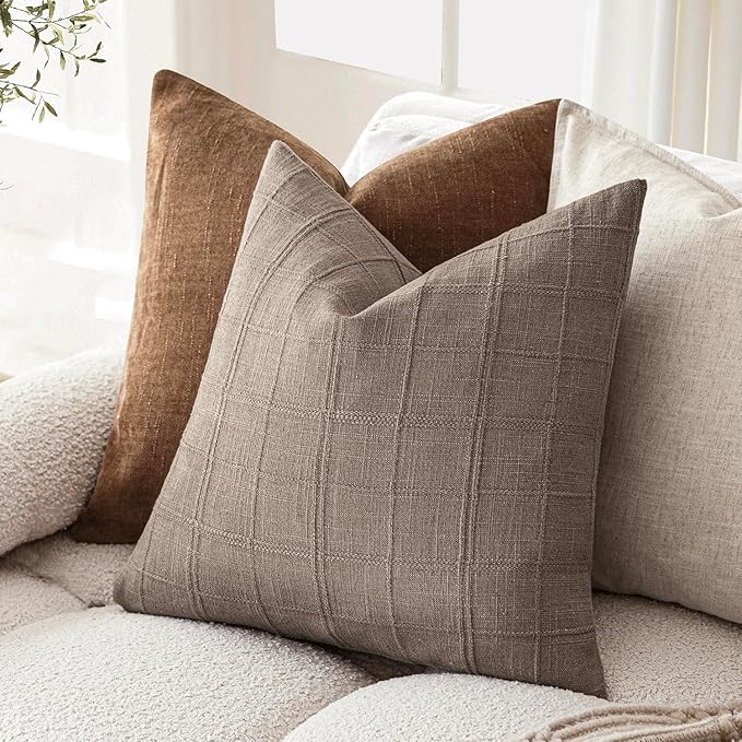 Foindtower Set of 2 Decorative Linen Check Throw Pillow Covers Neutral Farmhouse Vintage Cushion Covers Modern Boho Home Decor for Sofa Chair Couch Bedroom Living Room,24×24 Inch,Tan Taupe