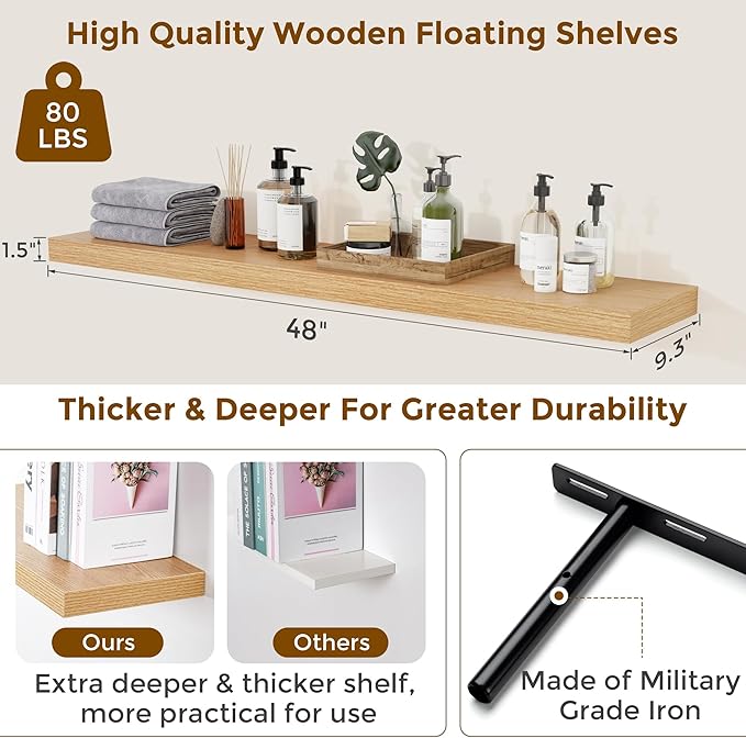 Floating Shelves for Wall, 48 inch Oak Floating Shelves 2 Packs, 9.3in Deep Wall Mounted Floating Shelf, Extra Long Storage Shelf for Living Room, Bathroom, Kitchen, Office, Floating TV Stand