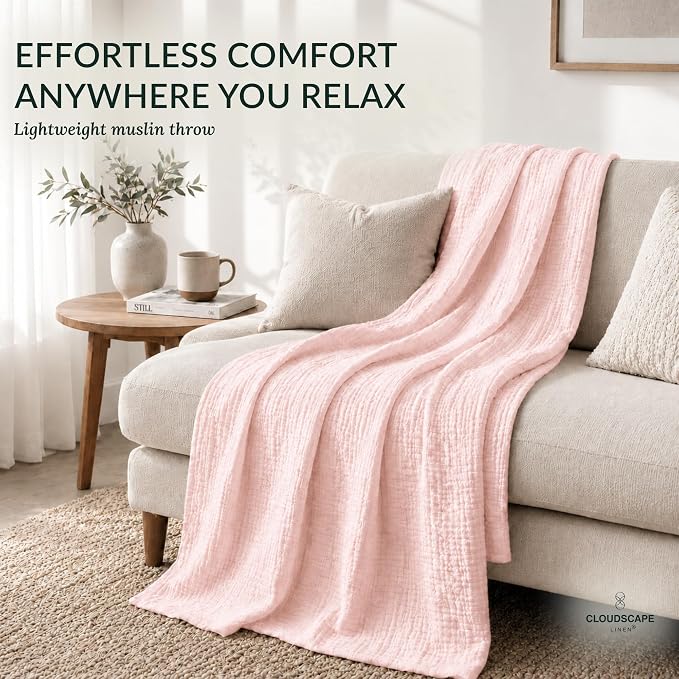 CLOUDSCAPE 4 Layer Muslin Blanket for Adults - 100% Cotton Throw Blanket, 50"x70" Oversized Gauze Throw for Sofa, Couch -Soft Lightweight Breathable Muslin Cotton Comforter for Summer - Seashell Pink