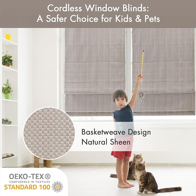 Madison Park Galen Cordless Roman Shade, 31"W x 64"H, Sheen Taupe – Room Darkening, Thermal Insulated, Energy Efficient Window Blind with Subtle Sheen Basketweave Fabric for Privacy