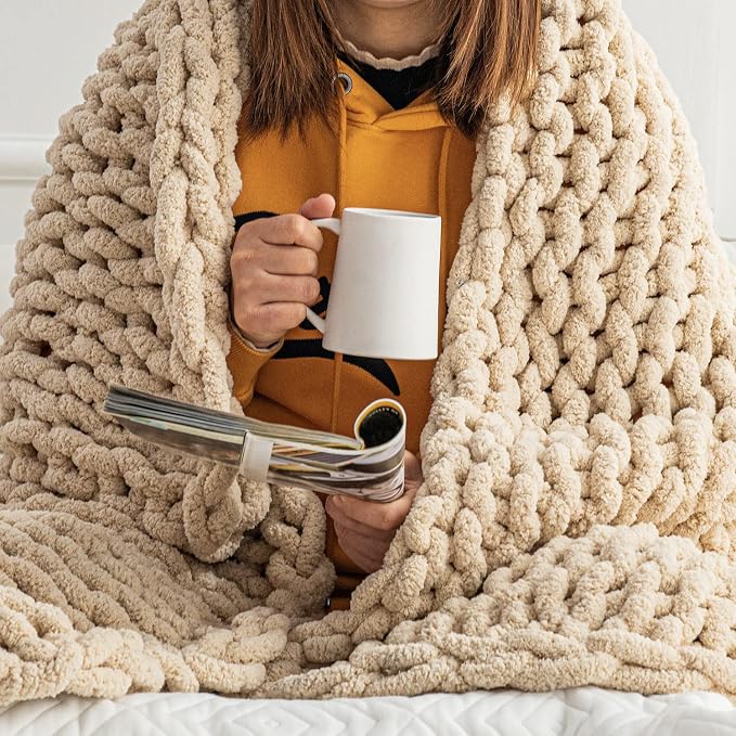 Chunky Knit Blanket Throw - 50"x60" 3.7 lbs. - Soft Chenille Yarn Knitted Blanket - Machine Washable Crochet Blanket - Handmade Cable Knit Throw Blanket for Couch, Bed (Oat White) | Handmade chunky knit throw blanket in oat white â€“ soft chenille yarn...