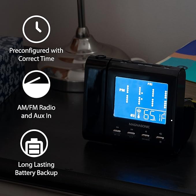 Magnasonic Projection Alarm Clock with AM/FM Radio, Battery Backup, Auto Time Set, Dual Alarm, Nap/Sleep Timer, Indoor Temperature/Date Display with Dimming & 3.5mm Audio Input - White (EAAC601W)
