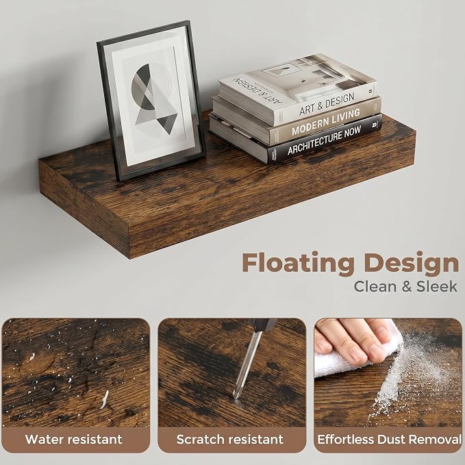 16 Inch Floating Shelves for Wall, 8"D Wood Storage Shelves, Brown Finish | Engineered Wood, Invisible Bracket, Large Storage, Easy Install, Hold Up to 33lbs, Living Room, Bathroom, Bedroom, Kitchen
