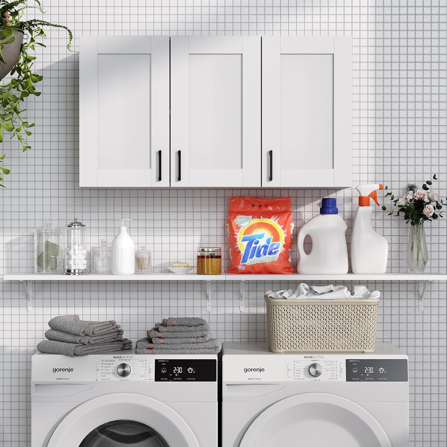 White Laundry Room Cabinets and Storage with 3 Doors and Utility Adjustable Shelf，Gabinetes Para Cocina Cupboard Kitchen Organizers and Storage Pantry Wall Mounted 12.4"D x 35.4"W x 19.7"H